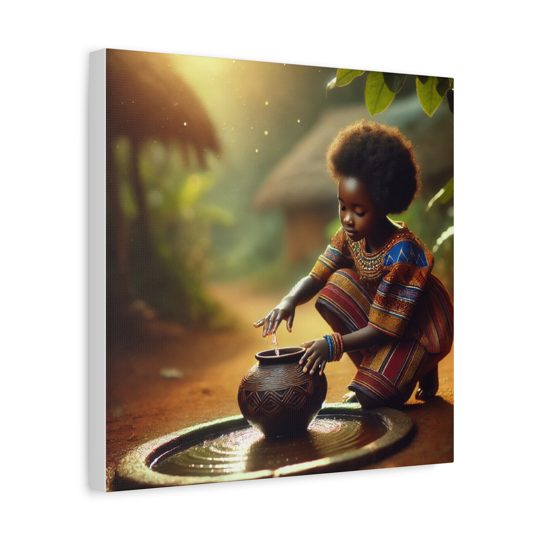 Child with Traditional African Water Pot Matte Canvas Print