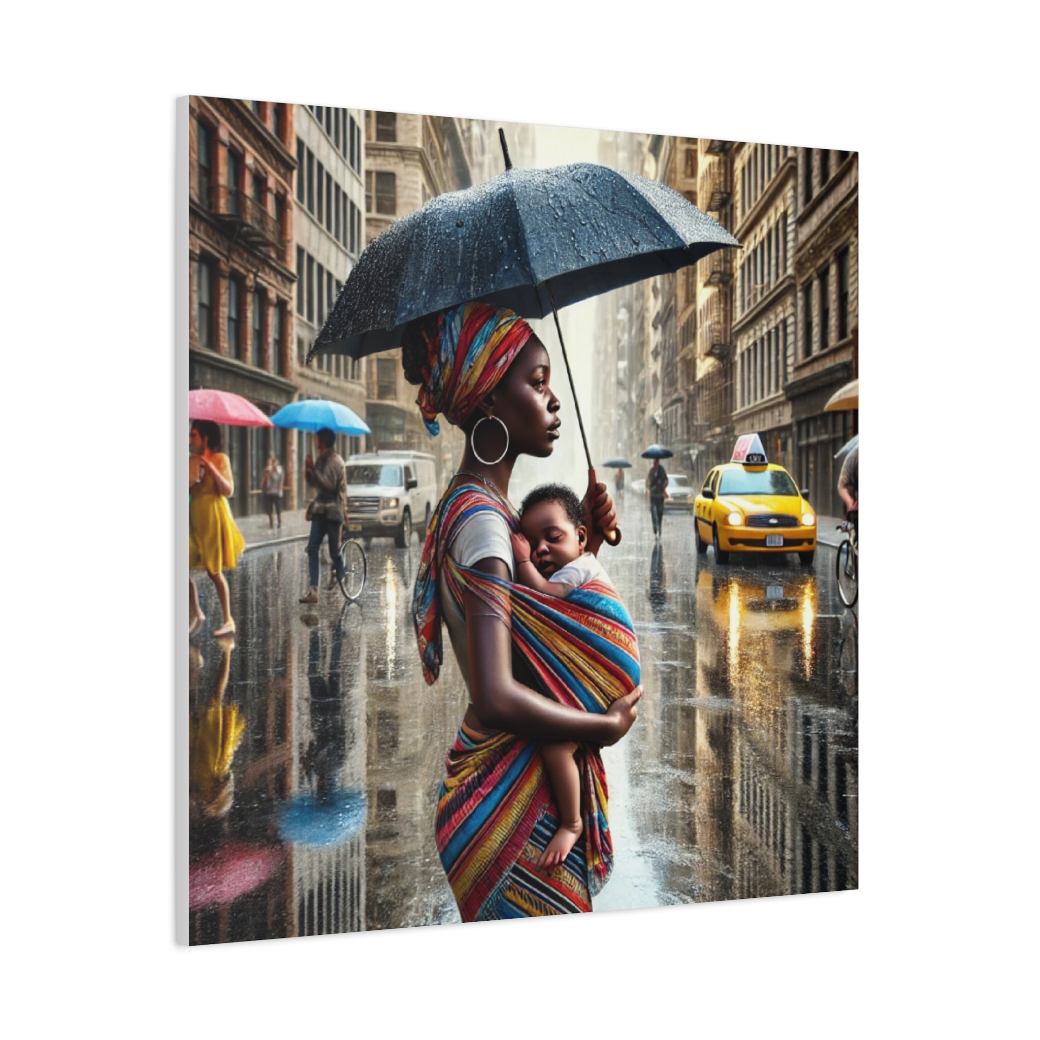 Urban Elegance Canvas Print - Mother and Child in the Rain