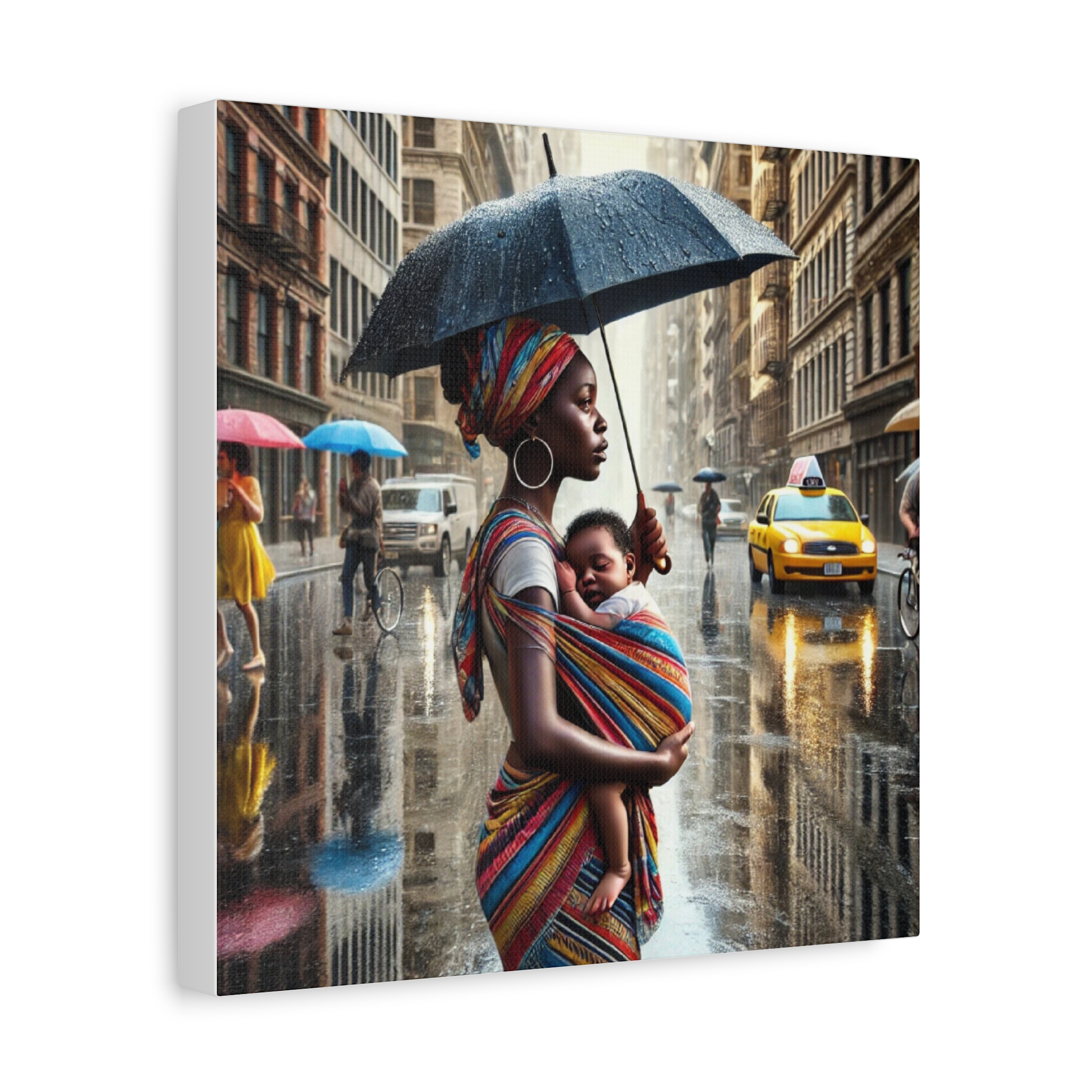 Urban Elegance Canvas Print - Mother and Child in the Rain