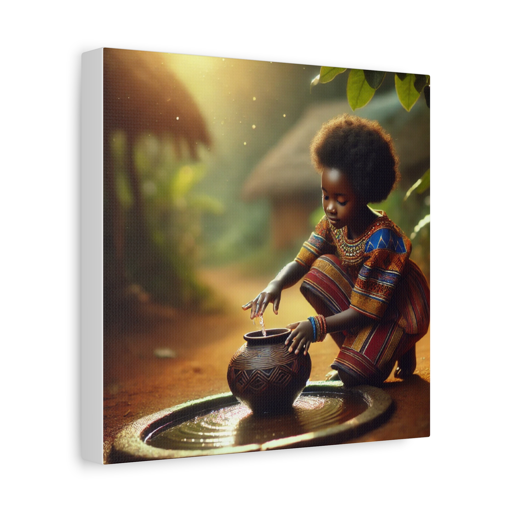 Child with Traditional African Water Pot Matte Canvas Print