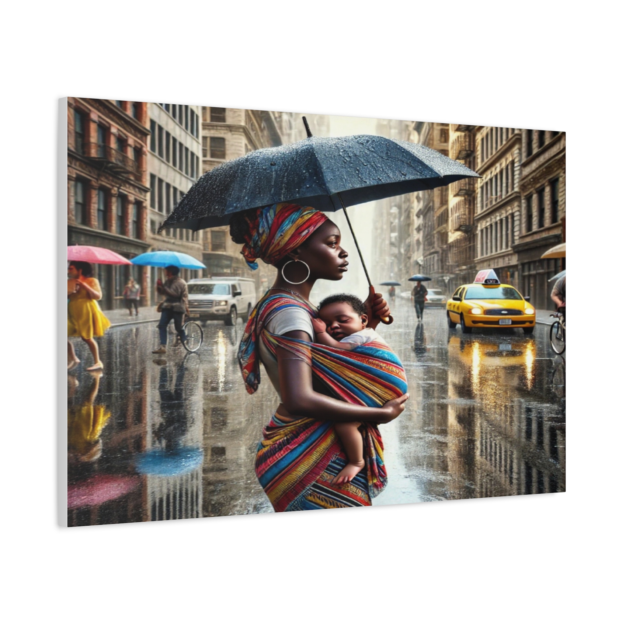 Urban Elegance Canvas Print - Mother and Child in the Rain