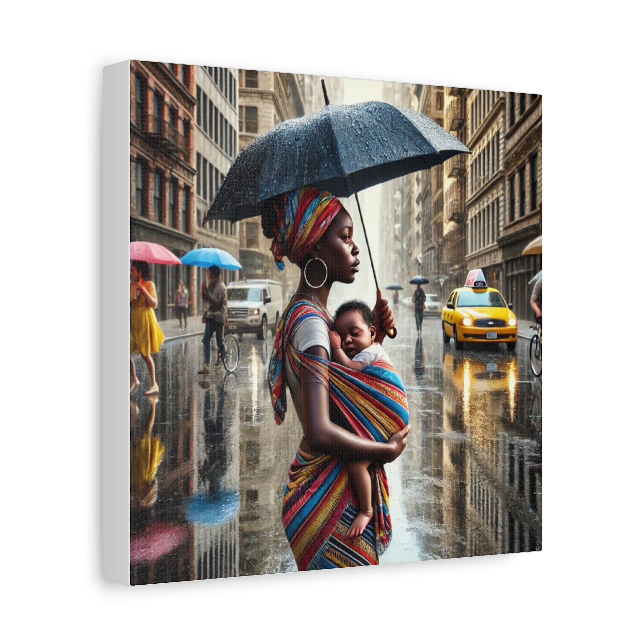 Urban Elegance Canvas Print - Mother and Child in the Rain