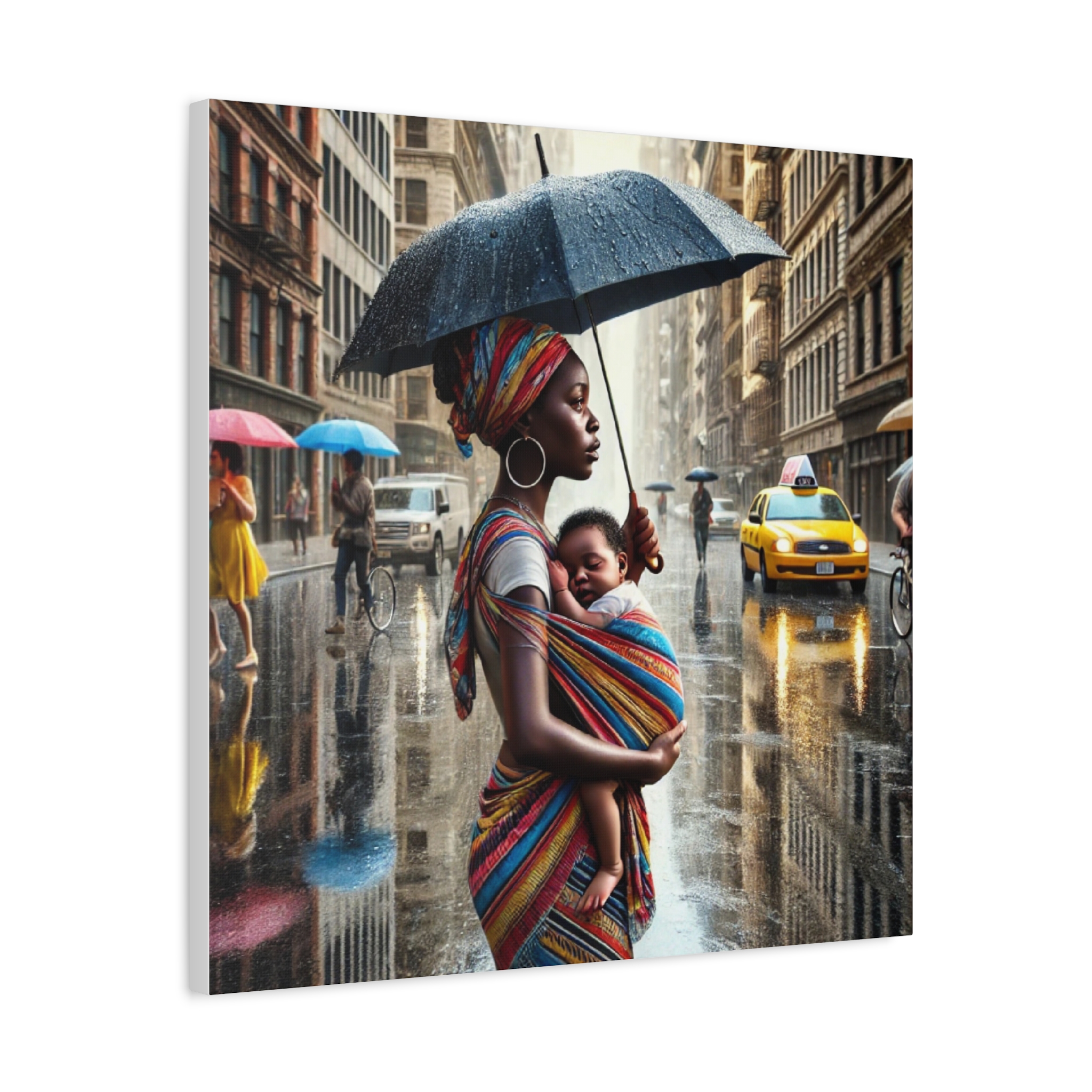 Urban Elegance Canvas Print - Mother and Child in the Rain