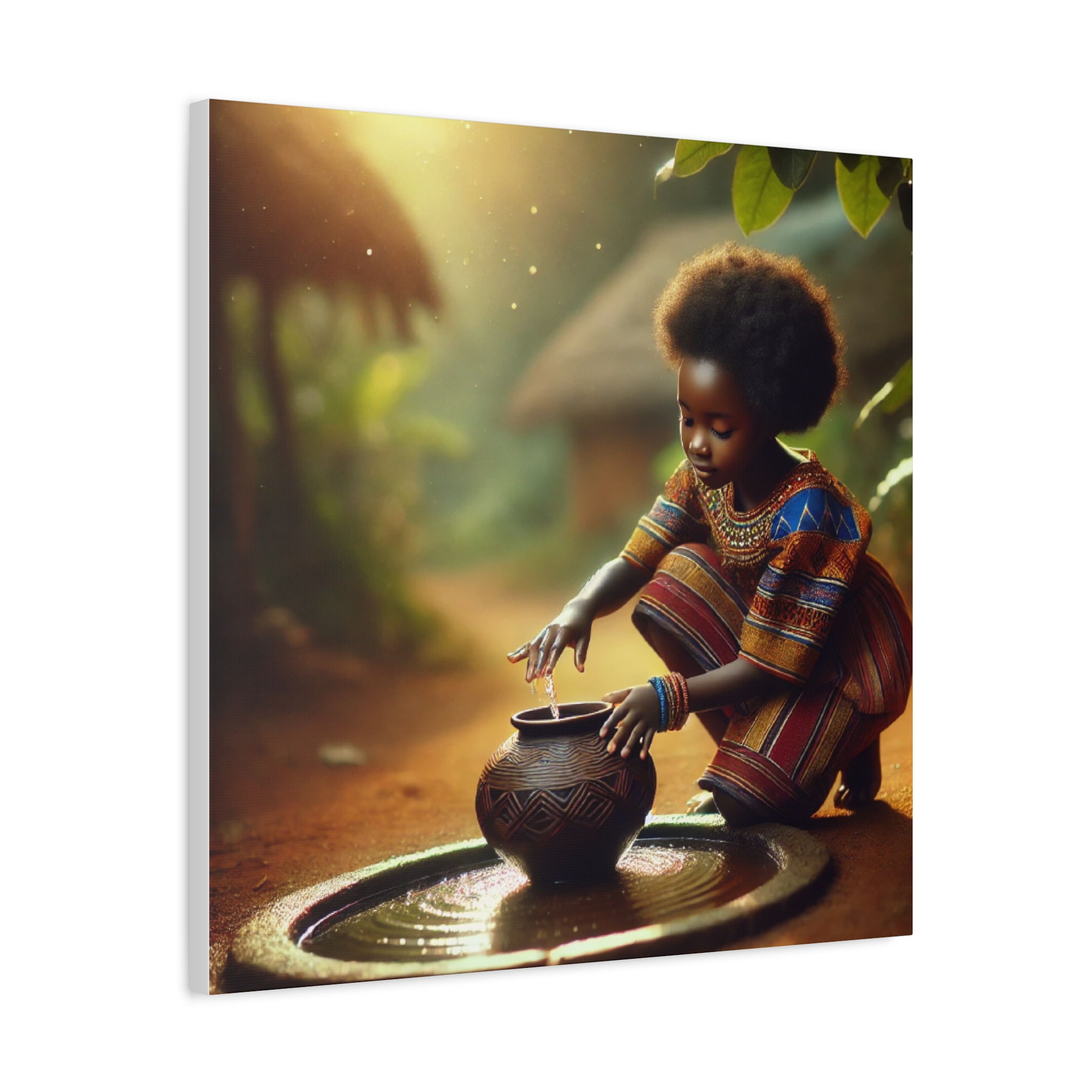 Child with Traditional African Water Pot Matte Canvas Print