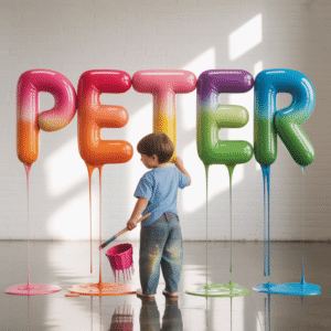 Custom Name Art – Glossy Paint Balloon Letters with Realistic Young Boy Illustration