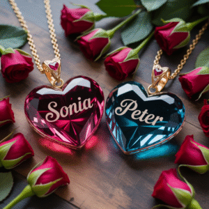 Personalized Heart Crystal Pendant Digital Art – Custom Name Romantic Rose